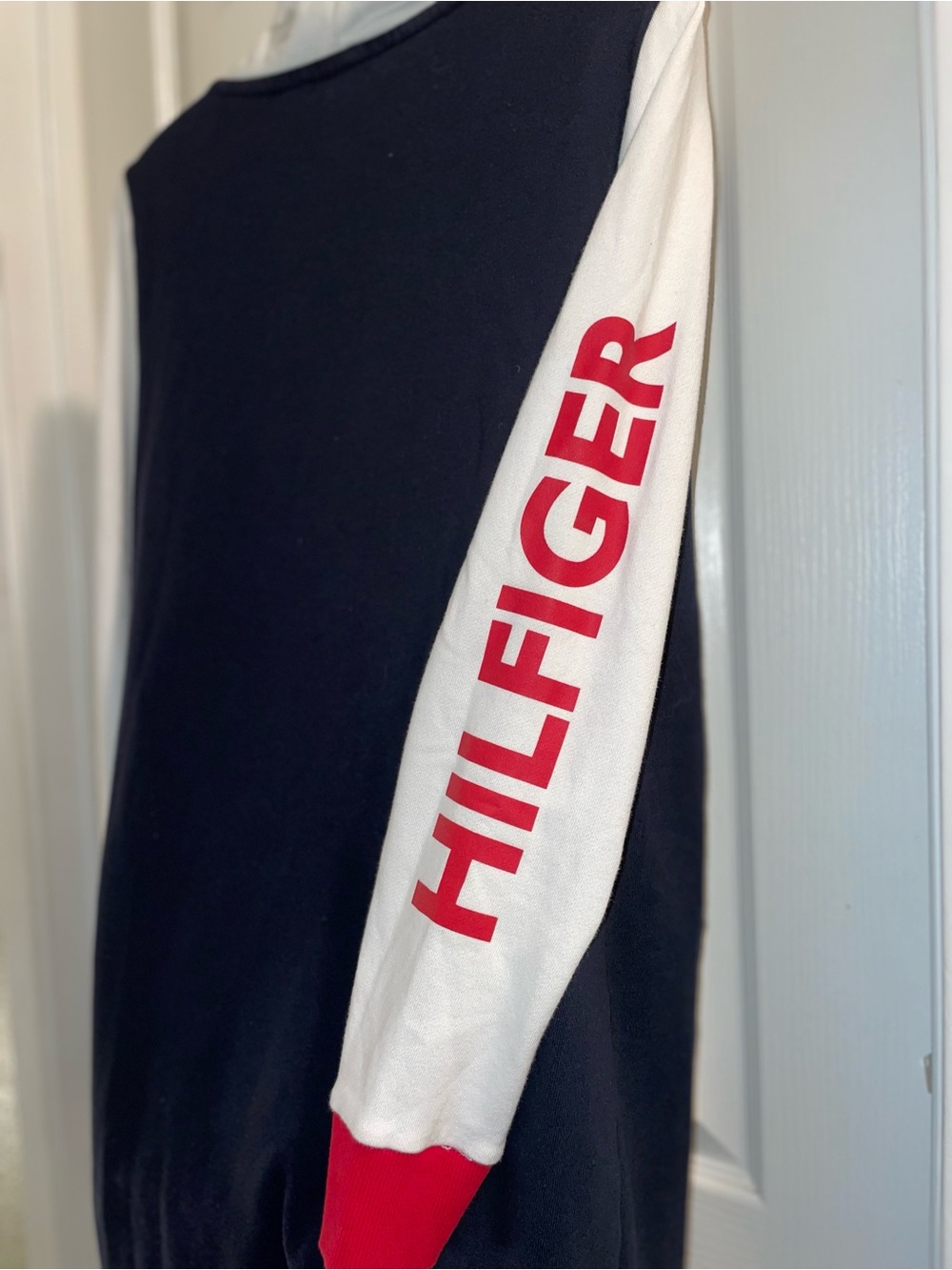 Tommy Hilfiger Navy Hooded Sweatshirt Dress with White Sleeves and Red Accents - Picture 3 of 9